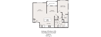 A floor plan for an Auberge of Burleson A2b showing a one bedroom/one bath Avignon.