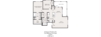 A floor plan of a two bedroom apartment with a living room, kitchen, and bathrooms.