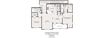 A floor plan of a two bedroom, two bath auberge of burleson B2b.