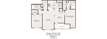 A floor plan of a two bedroom, two bath auberge.