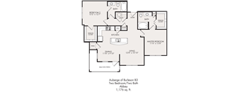 A floor plan of a two bedroom apartment with two bathrooms.