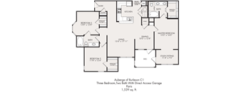 A floor plan of a three bedroom apartment with two bathrooms.