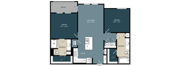 Two-bedroom Kerrville, Texas apartment floor plan featuring a split-bedroom design with living space in the center, open kitchen, and spacious bedrooms for privacy and comfort.