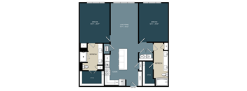 Two-bedroom Kerrville, Texas apartment floor plan featuring a split-bedroom design with living space in the center, open kitchen, washer and dryer connections, and spacious bedrooms for privacy and comfort.