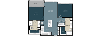 Two-bedroom Kerrville, Texas apartment floor plan featuring a split-bedroom design with living space in the center, open kitchen, and spacious bedrooms for privacy and comfort.