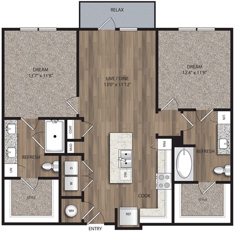 2 bed 2 bath B1 Floor Plan at The Mill Old Town, Lewisville