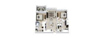A top-down view of a modern apartment layout with a kitchen, living room, and two bedrooms.