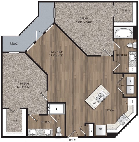 2 bed 2 bath B2 Floor Plan at The Mill Old Town, Texas, 75057