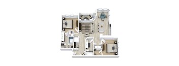 A floor plan of a house with a kitchen, living room, dining room, and two bedrooms.