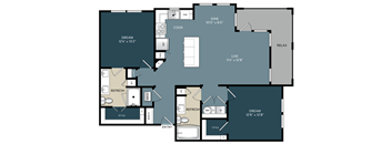 Two-bedroom Kerrville, Texas apartment floor plan featuring a split-bedroom design with living space in the center, open kitchen, and spacious bedrooms for privacy and comfort.