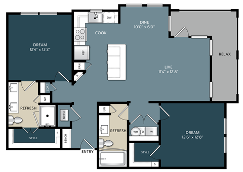 Two-bedroom Kerrville, Texas apartment floor plan featuring a split-bedroom design with living space in the center, open kitchen, and spacious bedrooms for privacy and comfort.