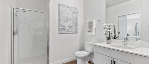 Bathroom with modern fixtures at Panton Mill Station Apartments,J Street Property Services, LLC, South Elgin, Illinois