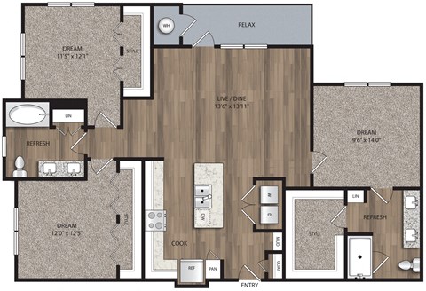3 bed 2 bath C1 Floor Plan at The Mill Old Town, Lewisville, TX