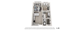 A floor plan of a small apartment with a kitchen, living room, and bathroom.