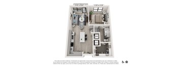 A floor plan of a small apartment with a kitchen, living room, and bathroom.