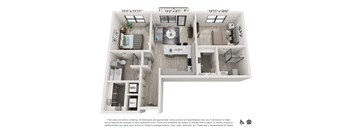 A floor plan of a two-bedroom apartment with a living room, kitchen, and bathroom.