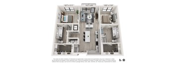 A floor plan of a two-bedroom apartment with a living room, kitchen, and bathroom.