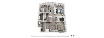 A floor plan of a two-bedroom apartment with a living room, kitchen, and bathroom.
