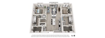 A floor plan of a two-bedroom apartment with a living room, kitchen, and bathroom.
