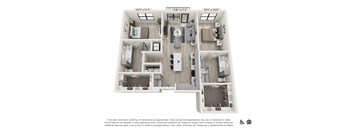 A floor plan of a two-bedroom apartment with a living room, kitchen, and bathroom.