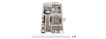 A floor plan of a small apartment with a kitchen, living room, and two bedrooms.