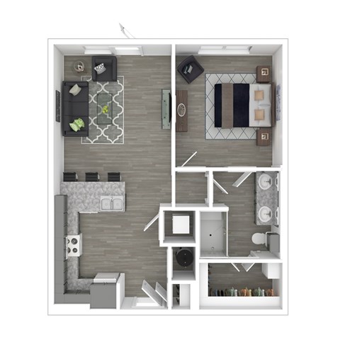 A top-down view of a small apartment with a kitchen, living room, and bedroom.
