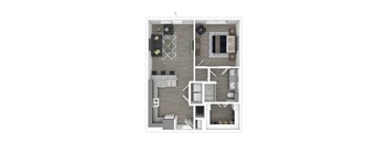 A floor plan of a small apartment with a kitchen, living room, and bathroom.