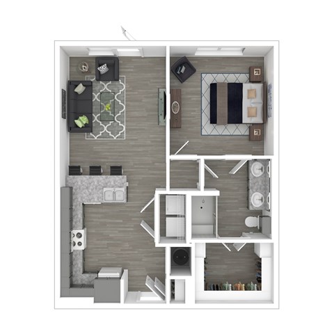 A floor plan of a small apartment with a kitchen, living room, and bathroom.