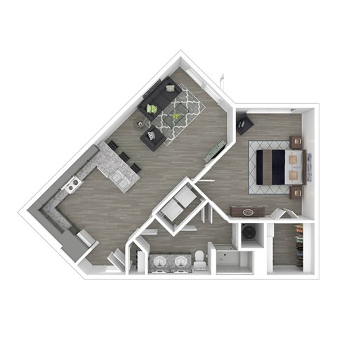 A top-down view of a house layout with a kitchen, living room, and bathroom.