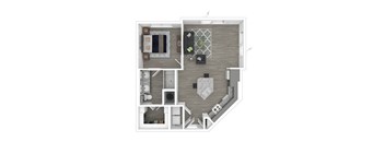A top-down view of a modern apartment layout with a kitchen, living room, and bedrooms.