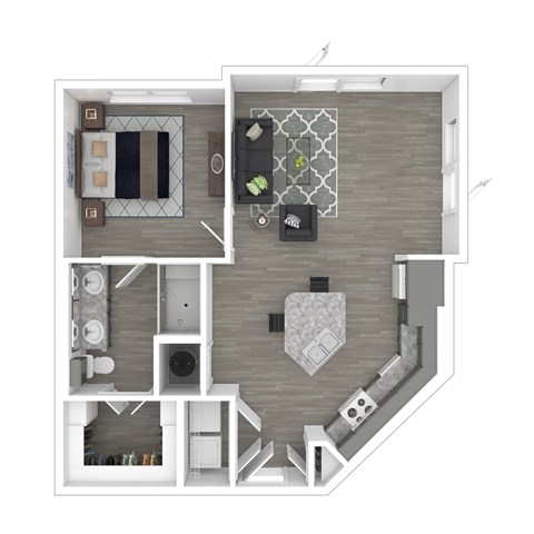A top-down view of a modern apartment layout with a kitchen, living room, and bedrooms.