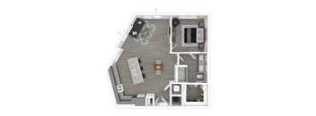 A top-down view of a living room with a couch, coffee table, and television.