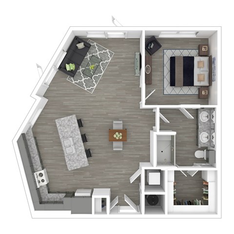 A top-down view of a living room with a couch, coffee table, and television.