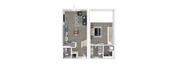 A floor plan of a small apartment with a kitchen, living room, and bathroom.