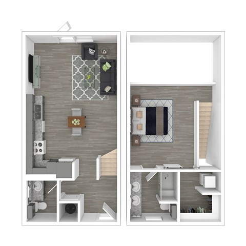 A floor plan of a small apartment with a kitchen, living room, and bathroom.