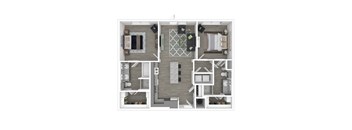 A floor plan of a house with a living room, kitchen, and two bedrooms.