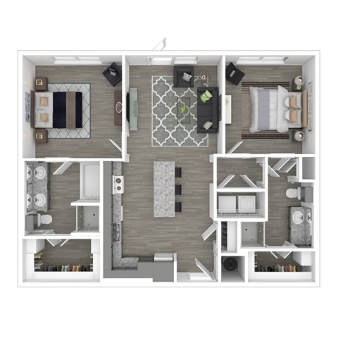 A floor plan of a house with a living room, kitchen, and two bedrooms.