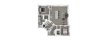 A top-down view of a house layout with a living room, kitchen, dining area, and bedrooms.
