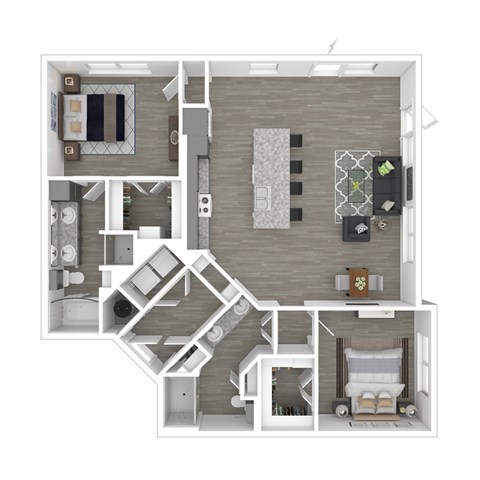 A top-down view of a house layout with a living room, kitchen, dining area, and bedrooms.