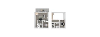 A floor plan of a small apartment with a kitchen, living room, and bathroom.