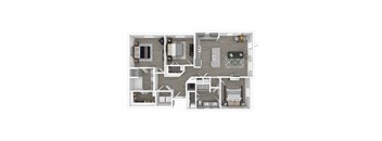 A top-down view of a house layout with a kitchen, living room, dining room, and bedrooms.