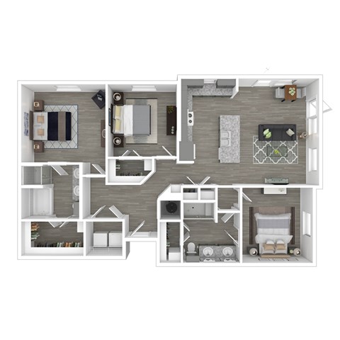 A top-down view of a house layout with a kitchen, living room, dining room, and bedrooms.
