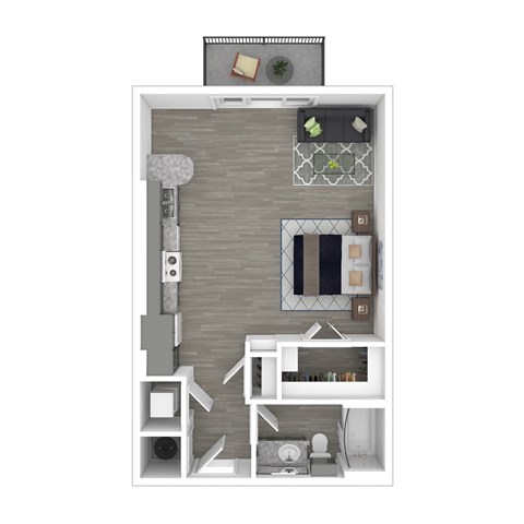 A 3D floor plan of a small apartment with a kitchen, living room, and bathroom.