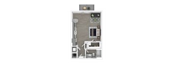 A 3D floor plan of a small apartment with a kitchen, living room, and bathroom.