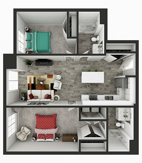 2 bedroom 2 bathroom 1,108 Sq.Ft. floor plan D at Panton Mill Station Apartments,J Street Property Services, LLC, Illinois