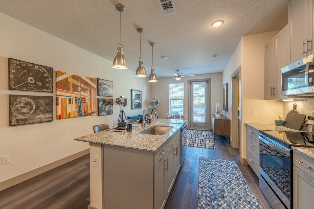 a kitchen with granite countertops and stainless steel appliances at One Preston Station, Texas, 75009