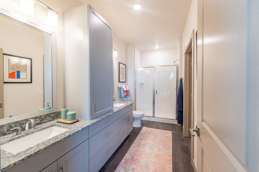 a bathroom with blue cabinets and a pink rug at One Preston Station, Celina