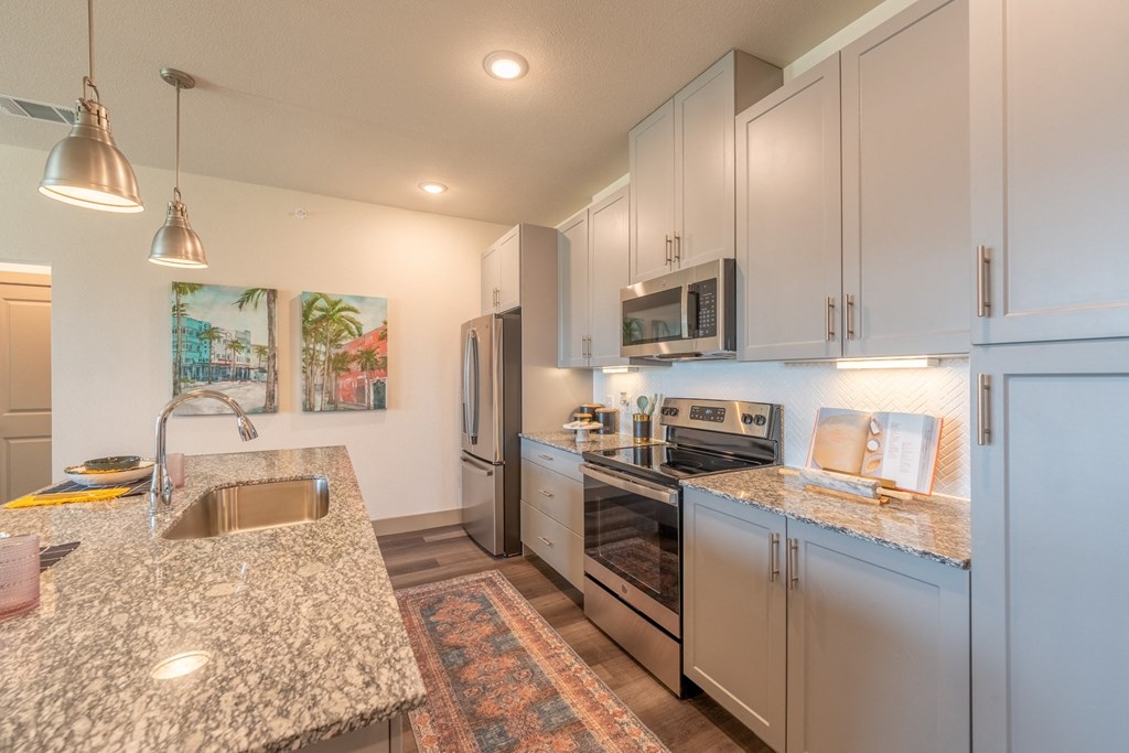 a kitchen with granite countertops and stainless steel appliances at One Preston Station, Texas, 75009