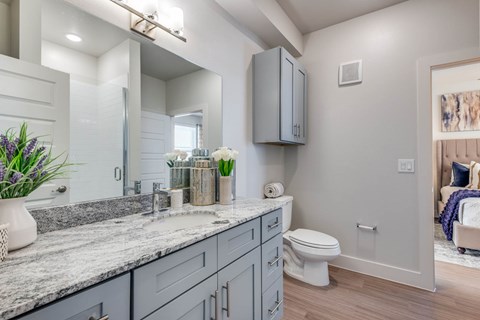 A bathroom with a marble countertop and a white toilet.