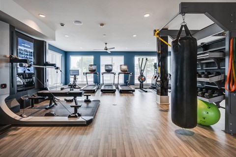 A gym with a punching bag, exercise equipment, and a fan.